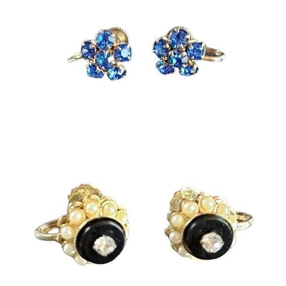 VINTAGE Faux Pearl w/ Rhinestone & Blue Crystal Clip-On Screw Earrings Lot of 2 - Picture 1 of 5